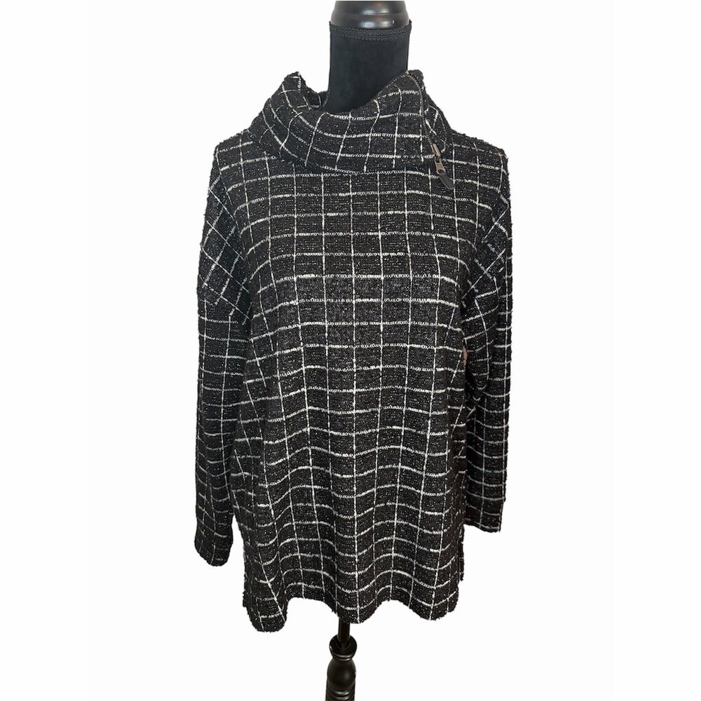 NWT TRIBAL Sweater Womens M Black White Plaid Cowl Neck Asym Zip Tunic